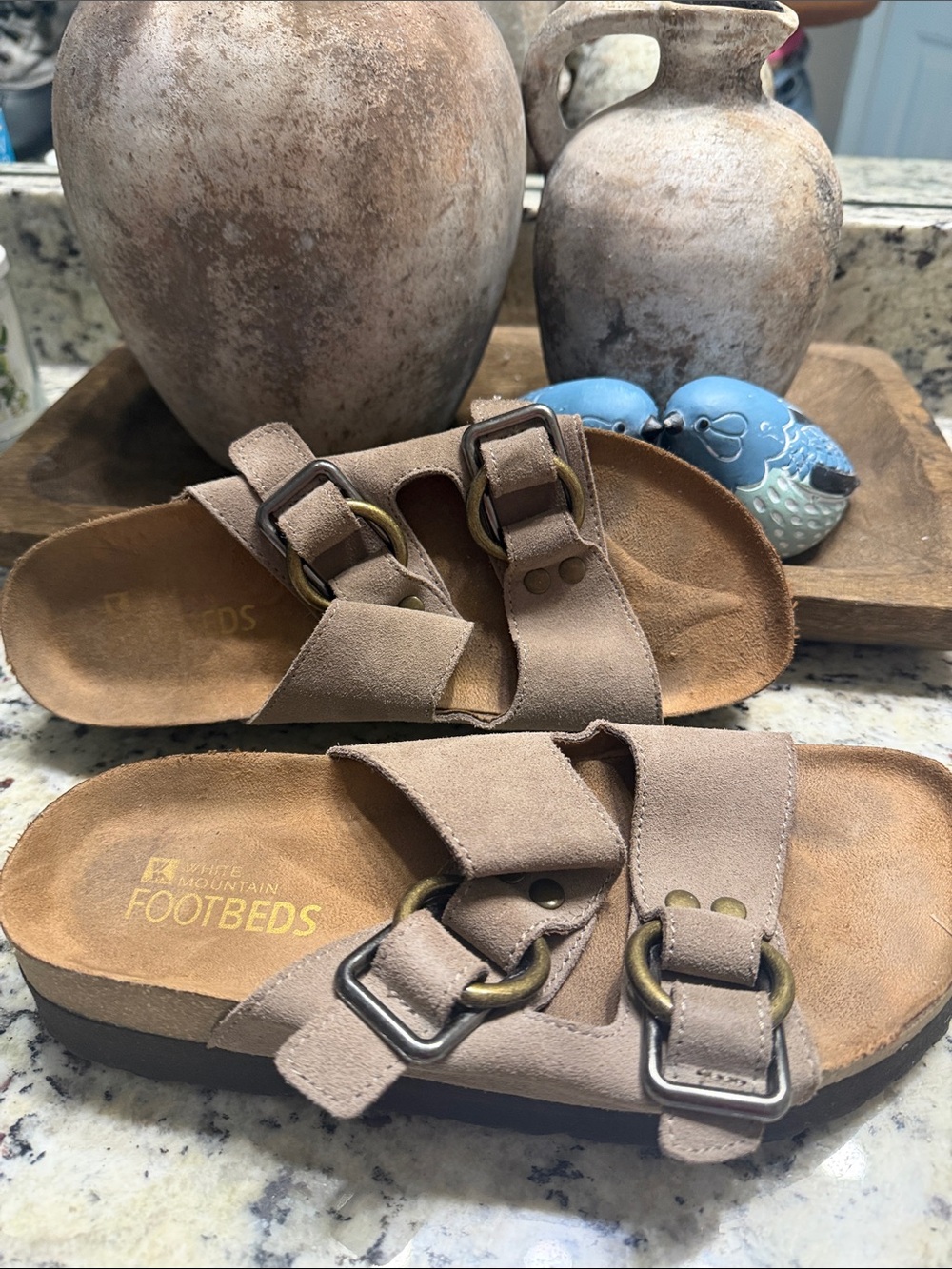 White Mountain Footbeds. Suede Double-Buckle Slide Sandals - Taupe - Picture 2 of 4